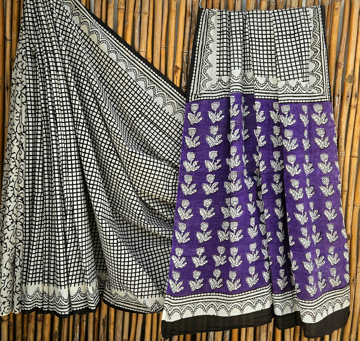 Cotton Mulmul Saree White Saree with Black check Motifs, Purple and black and white motifs