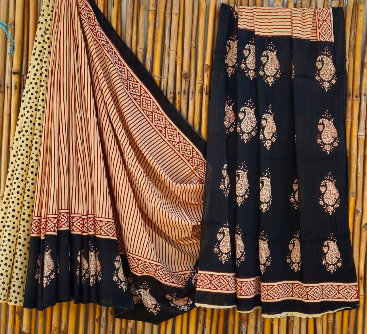 Cotton Mulmul Saree Biege Saree with Red vertical stripes, Black red floral motifs Pallu and border