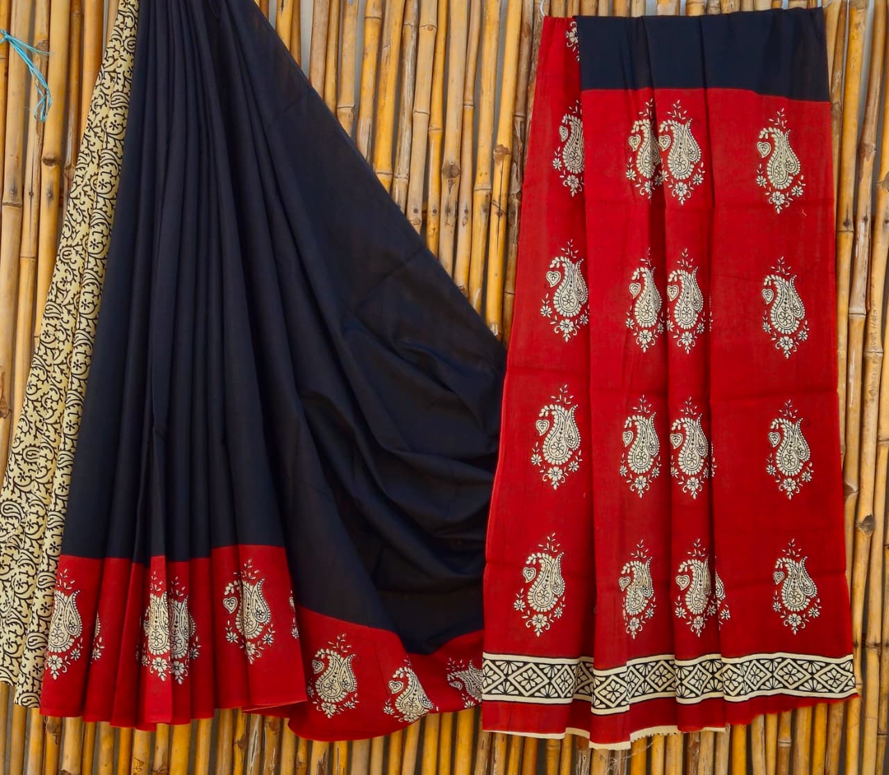 Cotton Mulmul Saree Black Saree with white Motifs, Red Border and Red Pallu