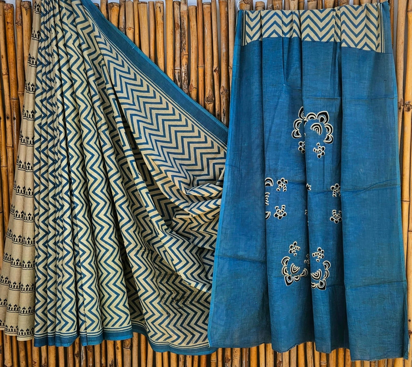 Cotton Mulmul Saree Biege Saree with Blue Biege Zigzag motifs, Blue white biege floal motifs Pallu and border