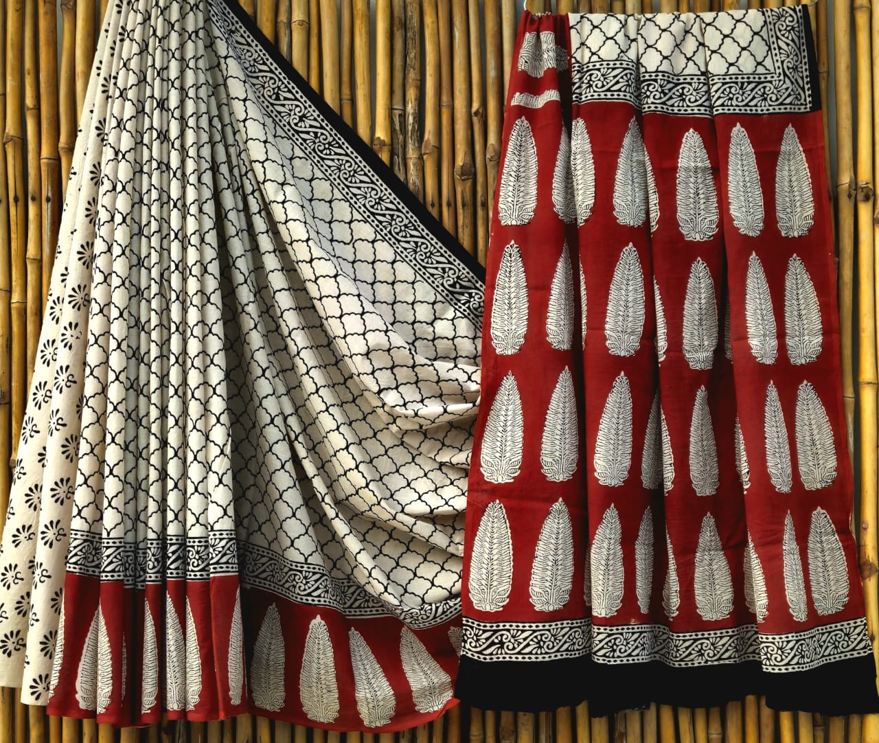 Cotton Mulmul Saree White Saree with Black Motifs, Red pallu with black motifs , floral and geometric motifs