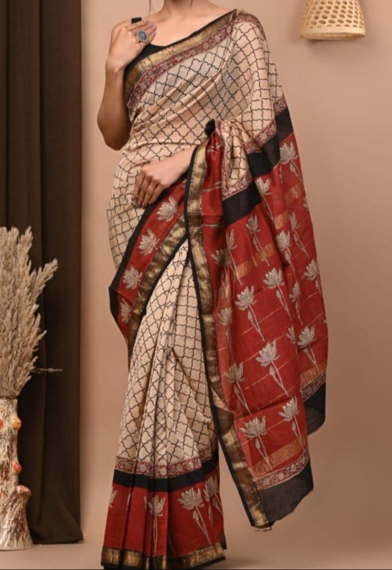 Maheshwari sik sarees biege saree with blck checks and rust orange pallu and border with biege lotus floral motifs