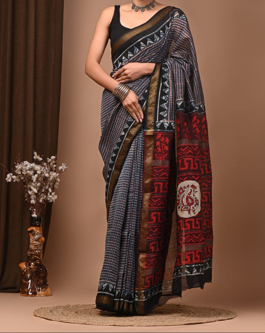 Maheshwari sik sarees black checks body with gold zari and temple border, red pallu with white circle and colorful motifs