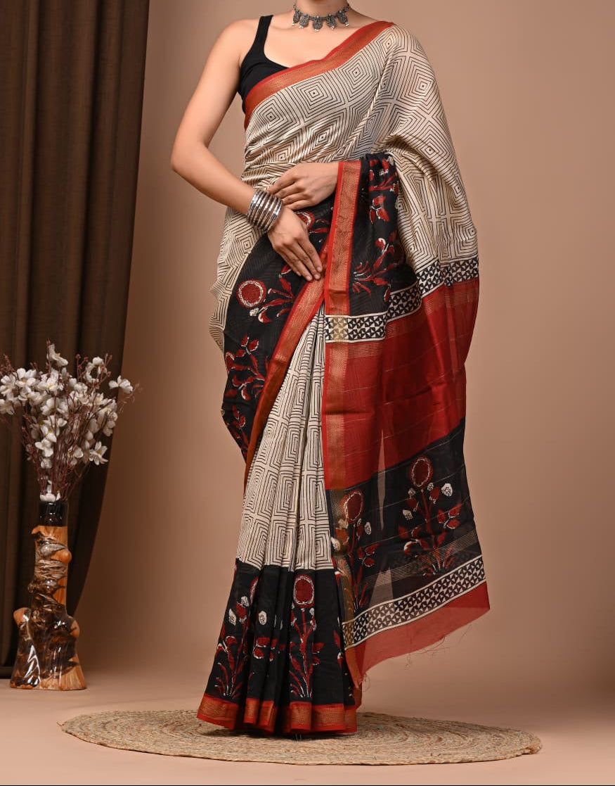Maheshwari sik sarees biege colors body with black stripes checks, red sleek zari border, black pallu and border with black and rust orange floral motifs