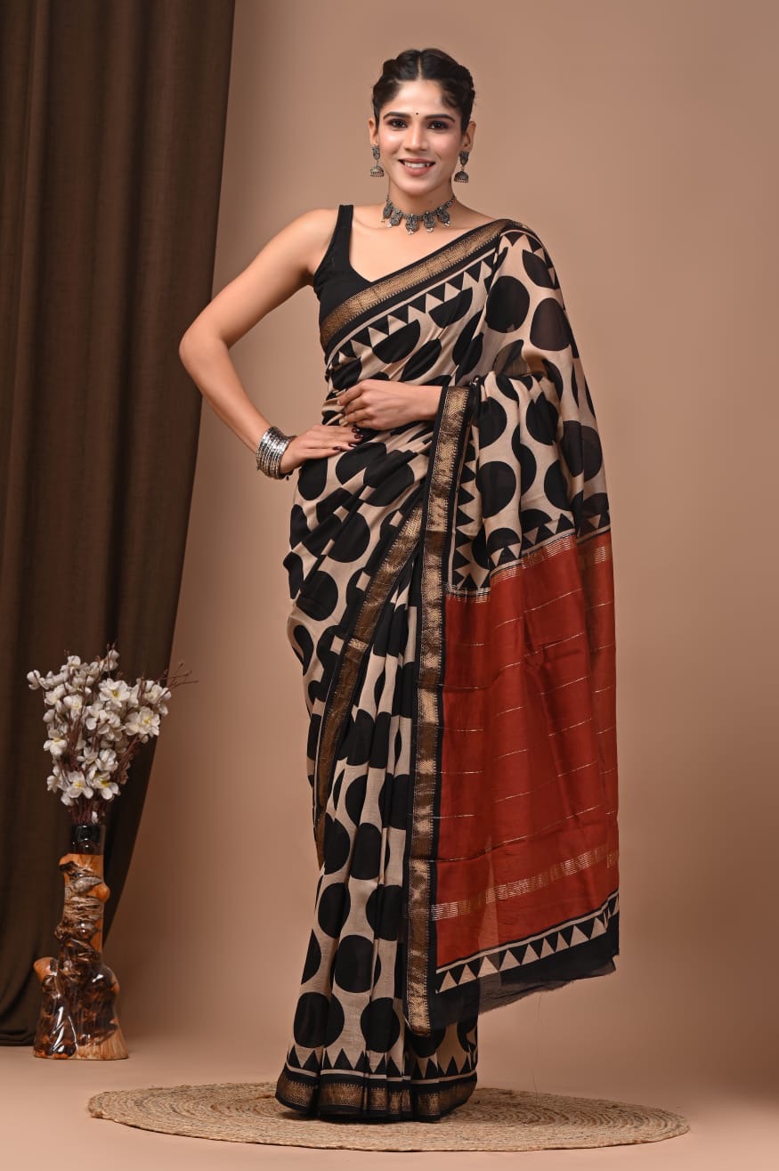 Maheshwari sik sarees Beige saree with black olka dots, temple border and sleek zari border, red pallu