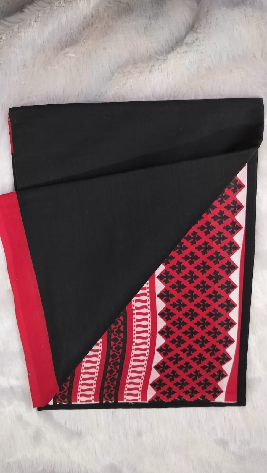 Cotton Mulmul Saree-Black Saree with Geometric Red Border
