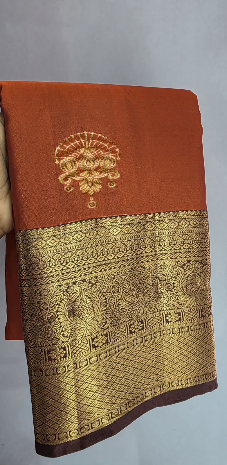Rust Orange Silk Saree with Wine Color Border, Zari woven Saree with Buttas all over the body rich pallu (Copy) (Copy)