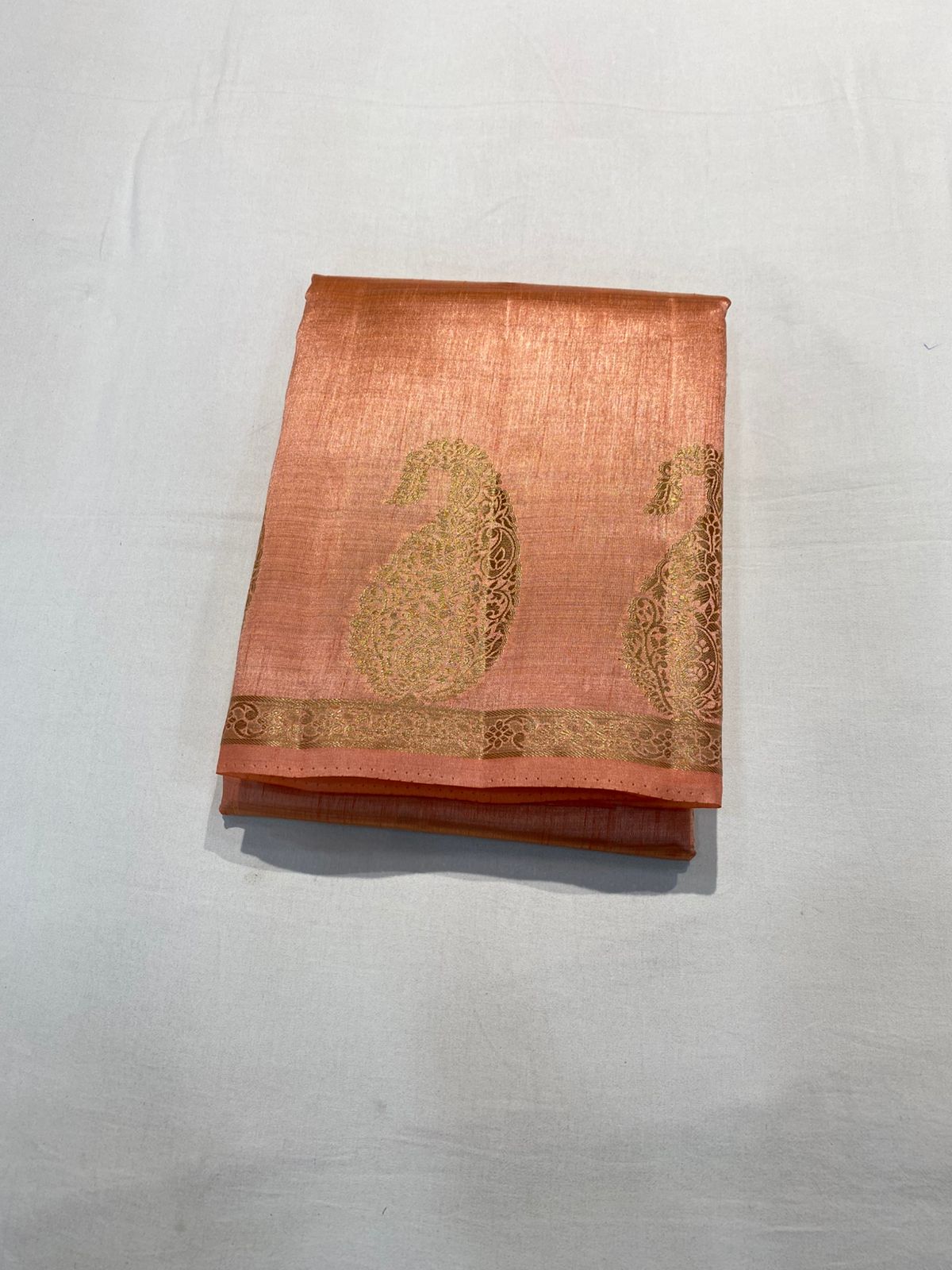 Semi Tussar Silk Saree - Light Peach Colour with Mango Motifs and Sleek Border