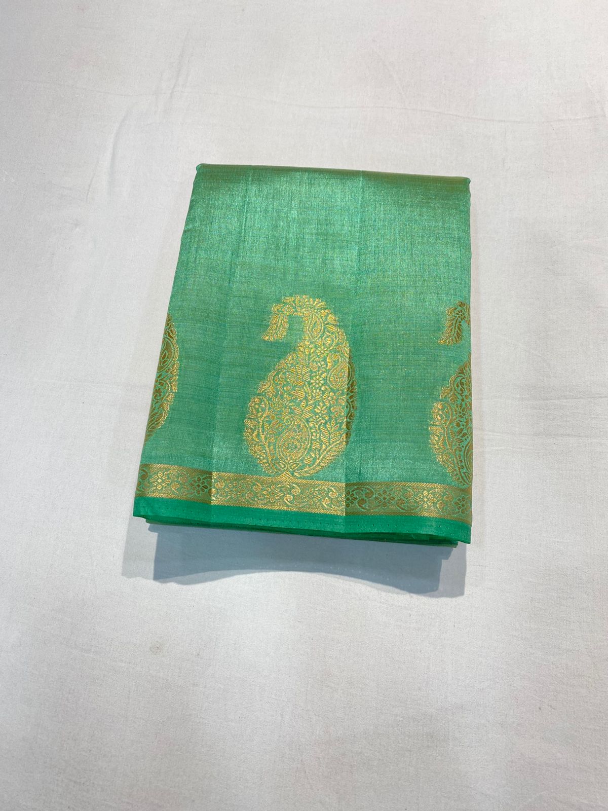 Semi Tussar Silk Saree - Light Green Colour with Mango Motifs and Sleek Border