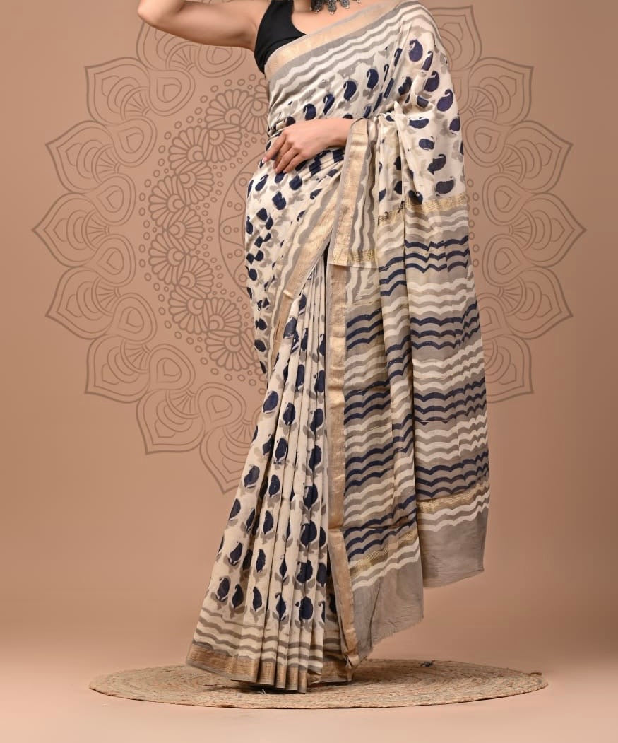Maheshwari sik sarees Biege Saree with Black floral Motife throughout body, black horizontal stripes pallu, sleek zari border.