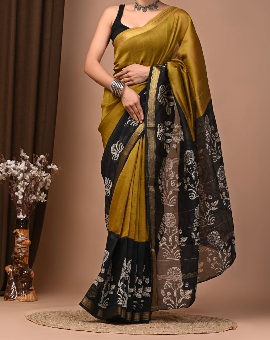 Maheshwari sik sarees mustard yellow saree with black floral motifs in border and pallu