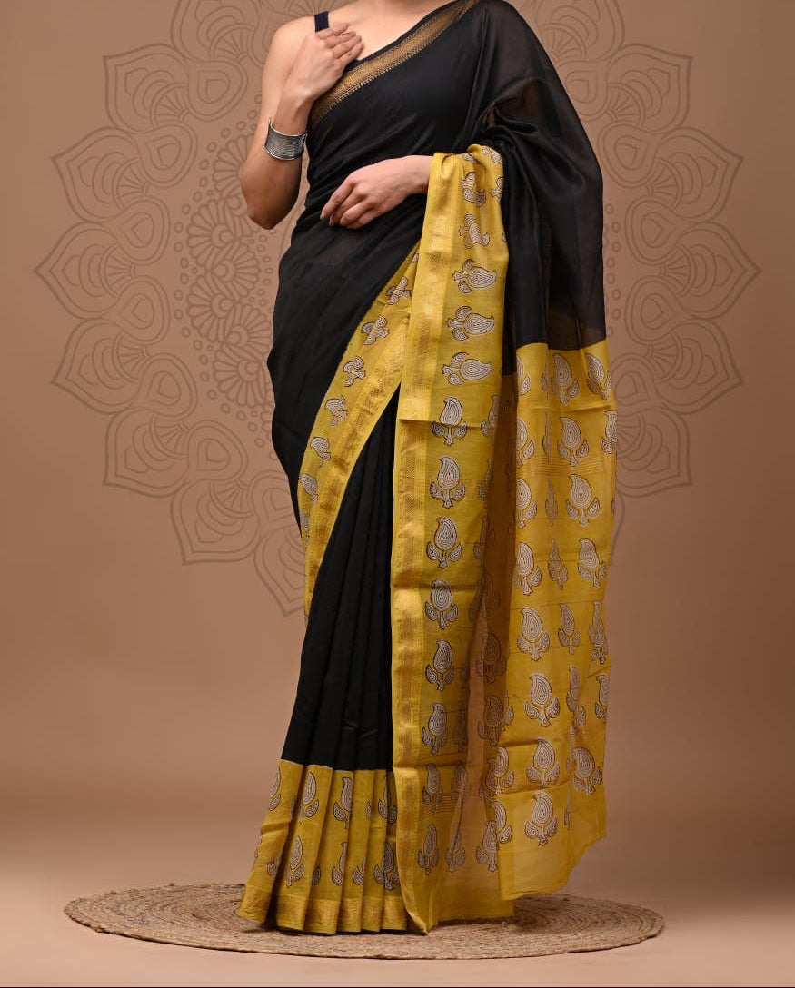 Maheshwari sik sarees Black saree with Yellow border with beige floral motifs pallu and brder , sleek zari border