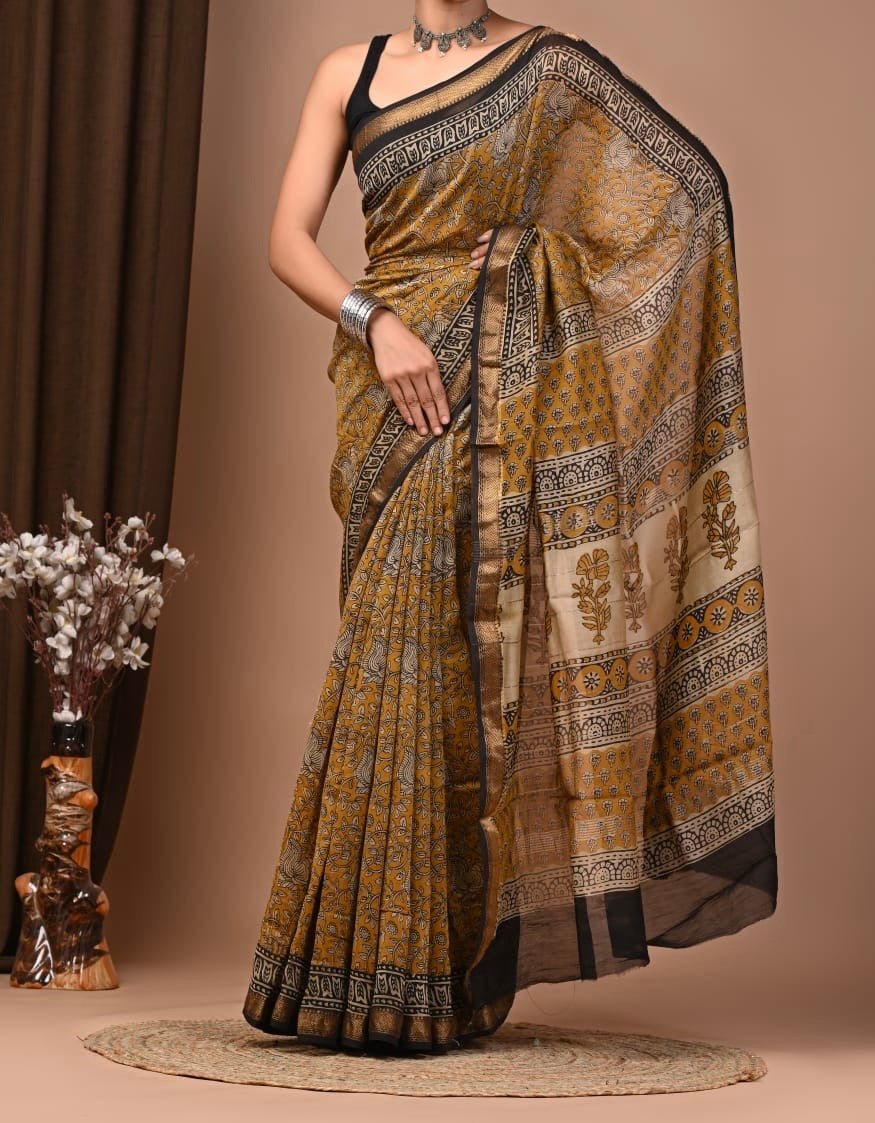 Maheshwari sik sarees Yellow saree with Sleek floral black and zari border, yellow and black floral pallu