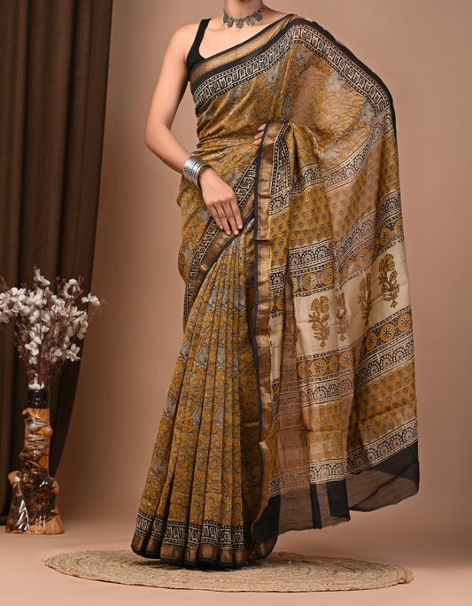 Maheshwari sik sarees Yellow saree with Sleek floral black and zari border, yellow and black floral pallu