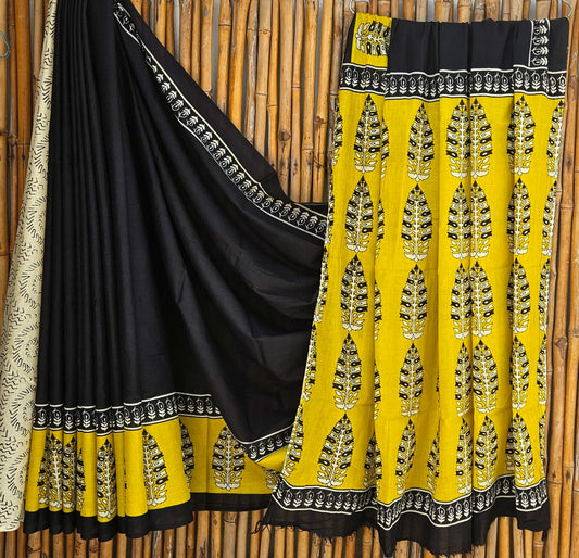 Cotton Mulmul Saree black Saree with Yellow floral Motifs, Black and Yellow pallu Black stripes motifs, Floral motifs
