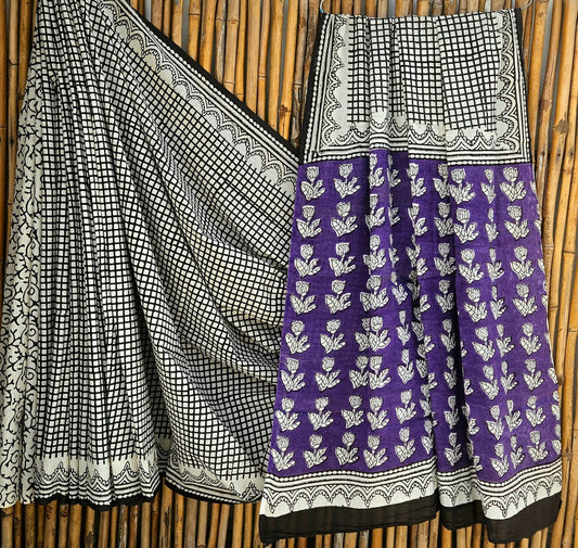 Cotton Mulmul Saree White Saree with Black check Motifs, Purple and black and white motifs
