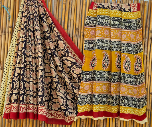Cotton Mulmul Saree red Saree with black pink Motifs, Yellow red and black floral motifs Pallu