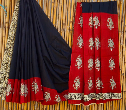 Cotton Mulmul Saree Black Saree with white Motifs, Red Border and Red Pallu