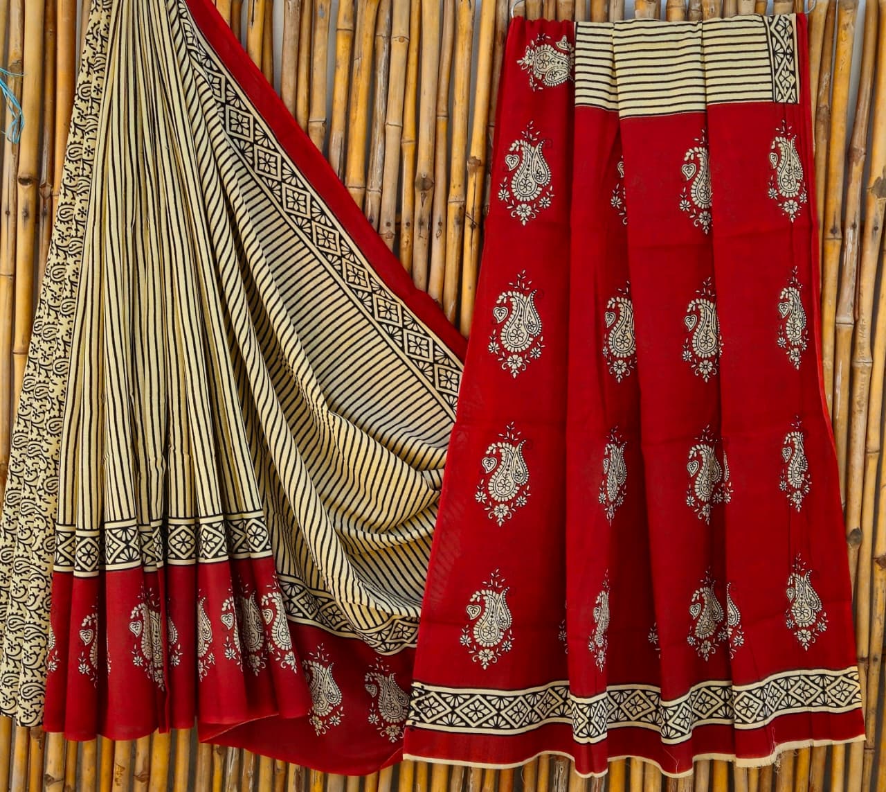 Cotton Mulmul Saree Biege Saree with black vertical stripes, Biege red floral motifs Pallu and border