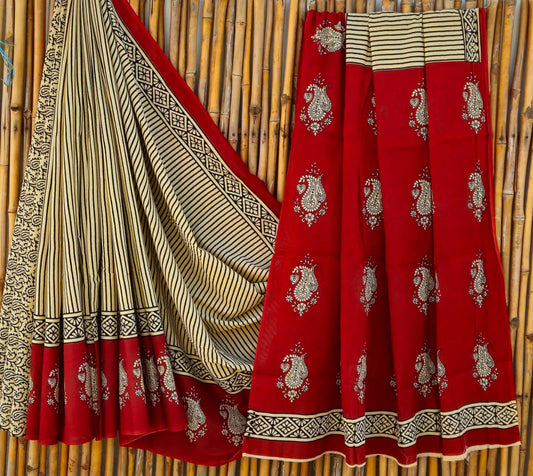 Cotton Mulmul Saree Biege Saree with black vertical stripes, Biege red floral motifs Pallu and border
