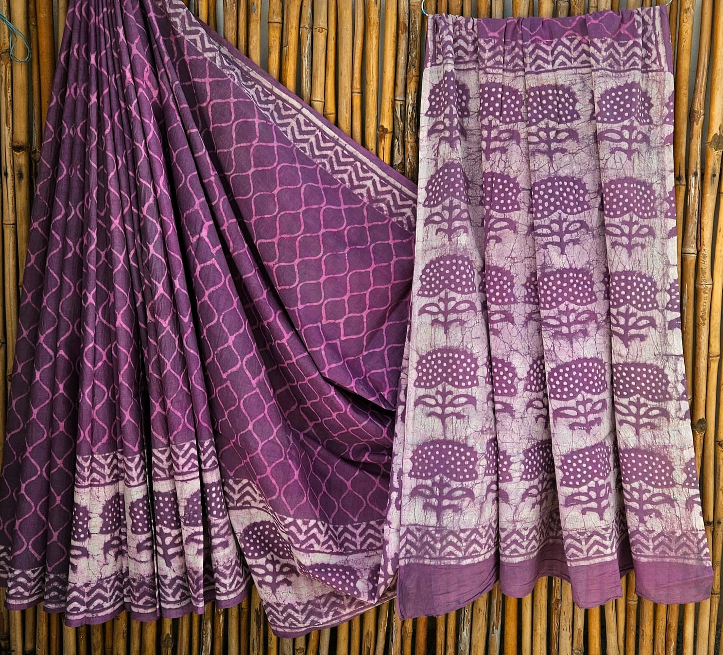 Cotton Mulmul Saree Purple Saree with White floral motifs, Purple white floral motifs Pallu and border