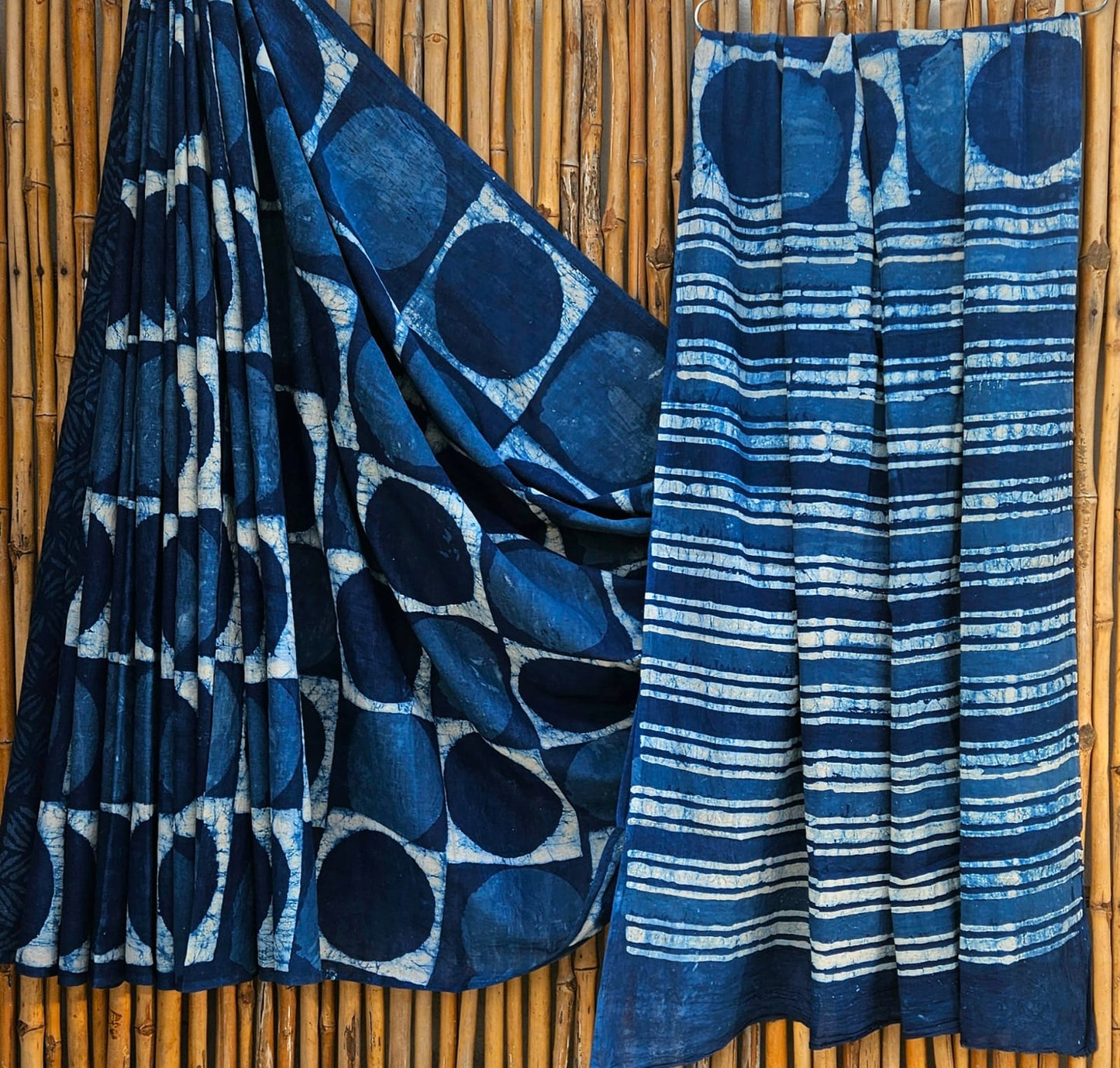 Cotton Mulmul Saree Indigo Saree with Indigo round motifs,  Blue white Stripes motif Pallu
