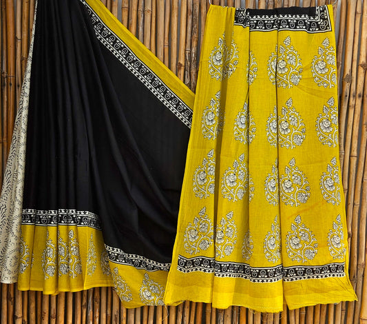Cotton Mulmul Saree Black Saree with white Motifs, Yellow Border and Yellow Pallu