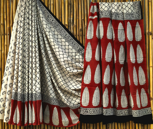 Cotton Mulmul Saree White Saree with Black Motifs, Red pallu with black motifs , floral and geometric motifs