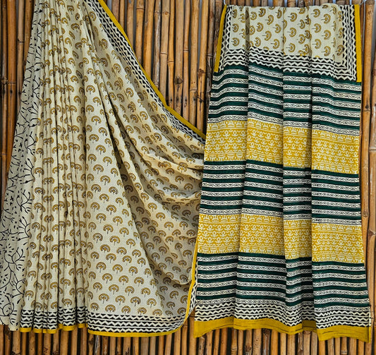 Cotton Mulmul Saree Biege Saree with Yellow floral Motifs, Black and Yellow pallu Black stripes motifs, Floral motifs