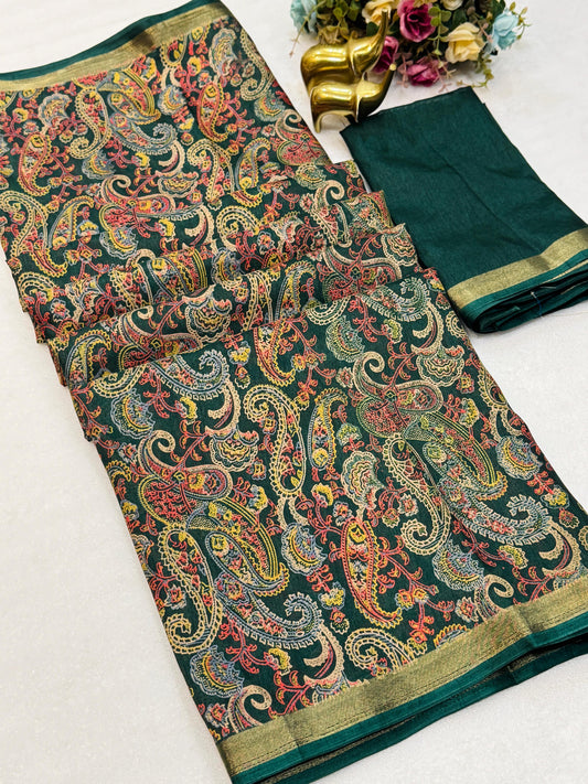 Soft Tussar with Mango Motifs Green Color