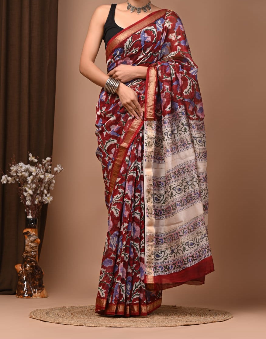 Maheshwari sik sarees Red saree with Sleek zari border, Red and Blue floral body, beige border with light black floral mmotifs
