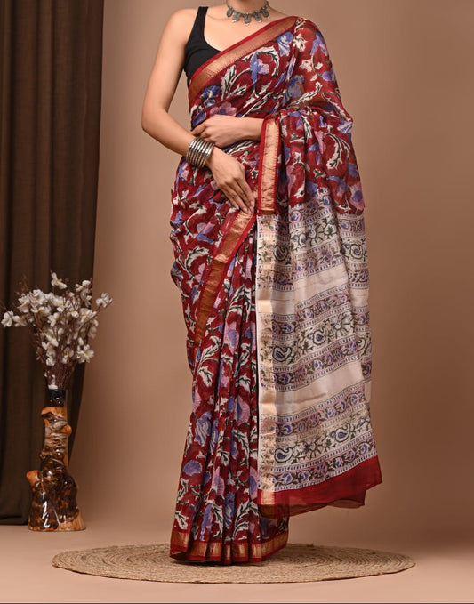 Maheshwari sik sarees Red saree with Sleek zari border, Red and Blue floral body, beige border with light black floral mmotifs