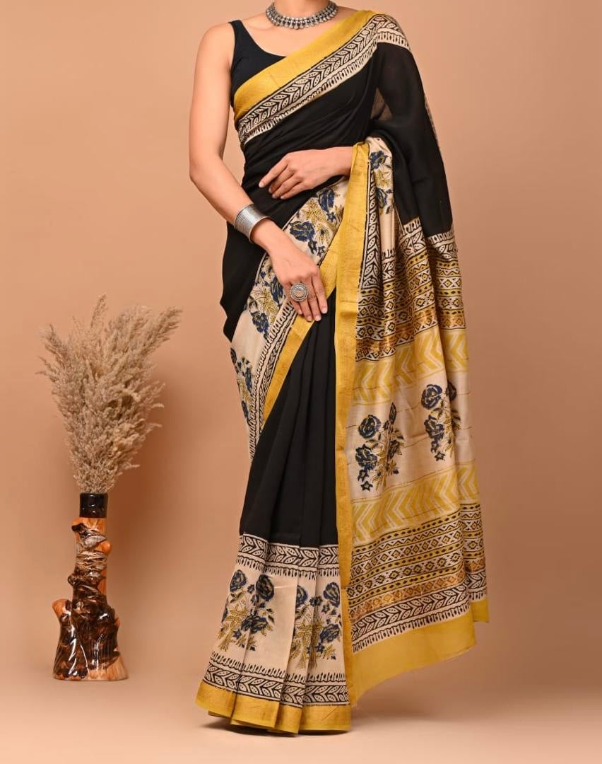Maheshwari sik sarees Black saree with beige border with black floral motifs pallu and brder, sleek zari border