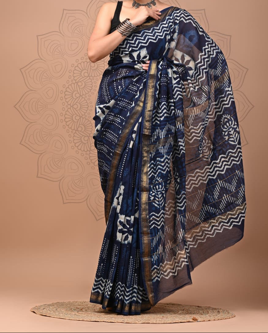 Maheshwari sik sarees Indigo and white saree with zigzag pattern throughout the body and indigo floral motifs, indigo white zigzag and zari border (Copy)