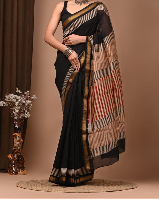 Maheshwari sik sarees Black saree with Sleek geometric black nd zari border, red stripes pallu