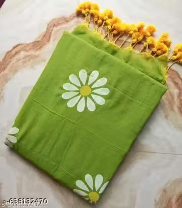 Cotton Saree - Green with Painted white Sunflower in the body of the Saree with Latken in the Border and Self Blouse