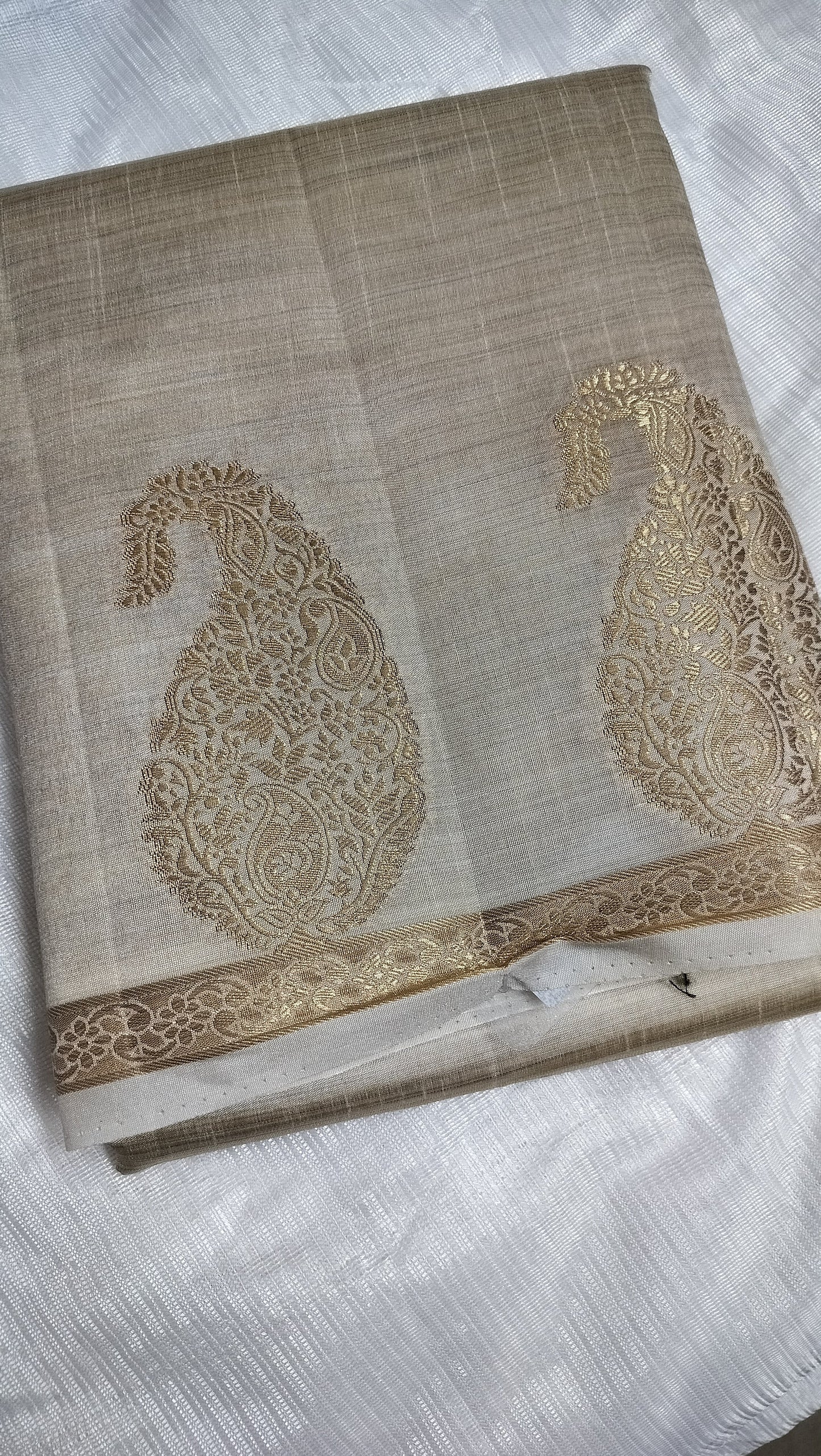 Semi Tussar Silk Saree = Cream Colour with Mango Motifs and Sleek Border