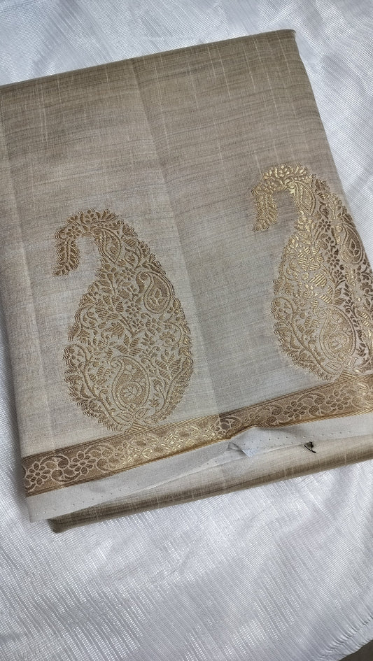 Semi Tussar Silk Saree = Cream Colour with Mango Motifs and Sleek Border