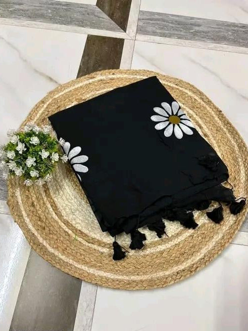 Cotton Saree - Black with Painted white Sunflower in the body of the Saree with Latken in the Border and Self Blouse