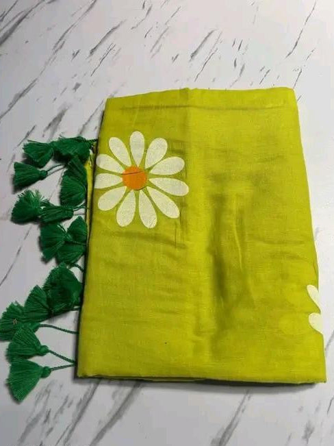 Cotton Saree - Green Grass with Painted white Sunflower in the body of the Saree with Latken in the Border and Self Blouse