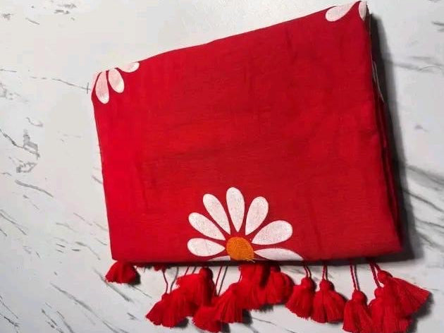 Cotton Saree - Red Yellow Cotton Saree with Painted white Sunflower in the body of the Saree with Latken in the Border and Self Blouse (Copy)