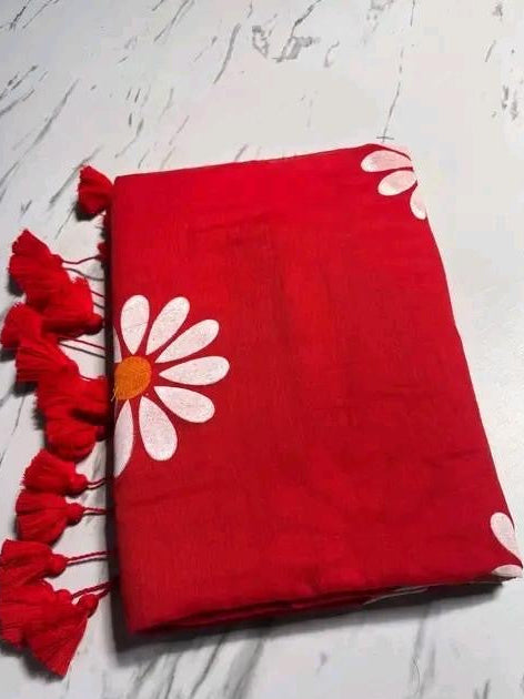 Cotton Saree - Red Yellow Cotton Saree with Painted white Sunflower in the body of the Saree with Latken in the Border and Self Blouse (Copy)