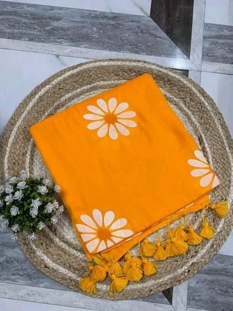 Cotton Saree - Bright Yellow Cotton Saree with Painted white Sunflower in the body of the Saree with Latken in the Border and Self Blouse