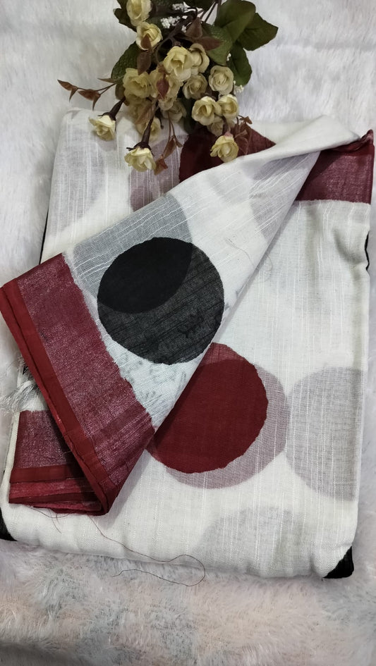 Linen Cotton Sarees - Biege Saree Black and Brown Polka Dots with Brick Red Border