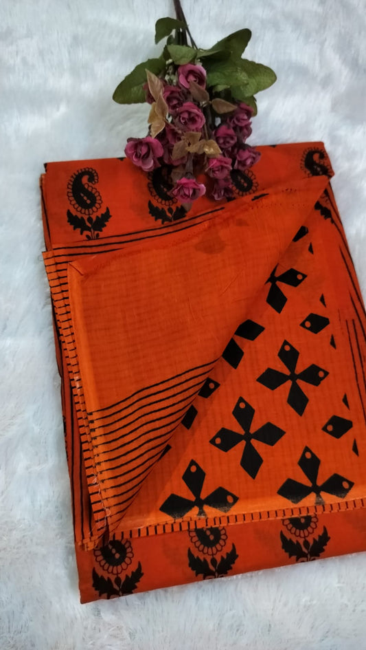 Cotton Mulmul Saree - Rust Orange and Black Motifs and Stipes Border