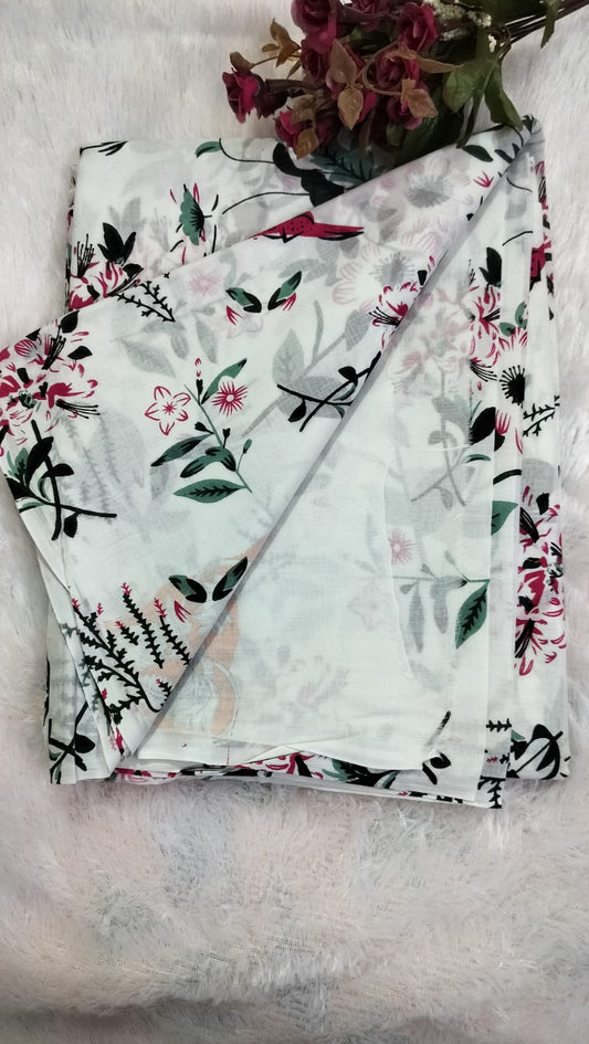 Cotton Mulmul Saree -White Saree with Pink Floral and Orange