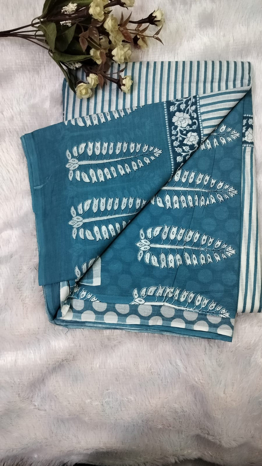 Cotton Mulmul Saree -White Saree with White Motifs and Stripes