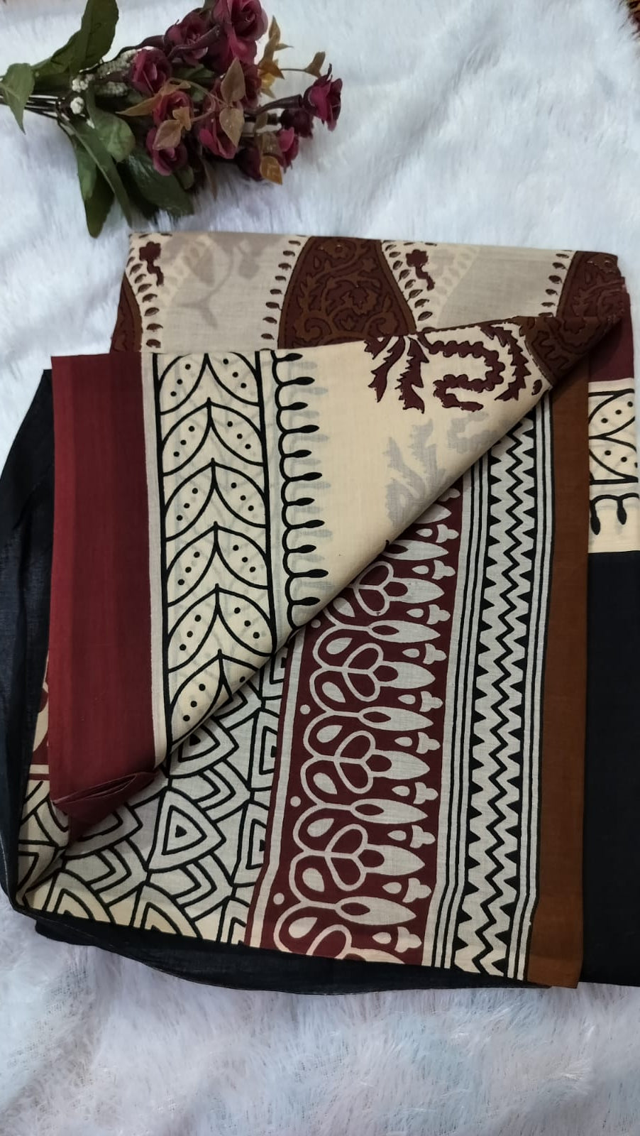 Cotton Mulmul Saree - Black Saree with Brick Red Border Floral Motifs and Leaf Border