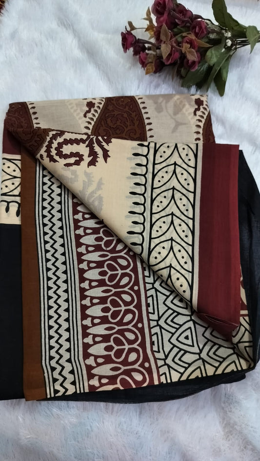 Cotton Mulmul Saree - Black Saree with Brick Red Border Floral Motifs and Leaf Border