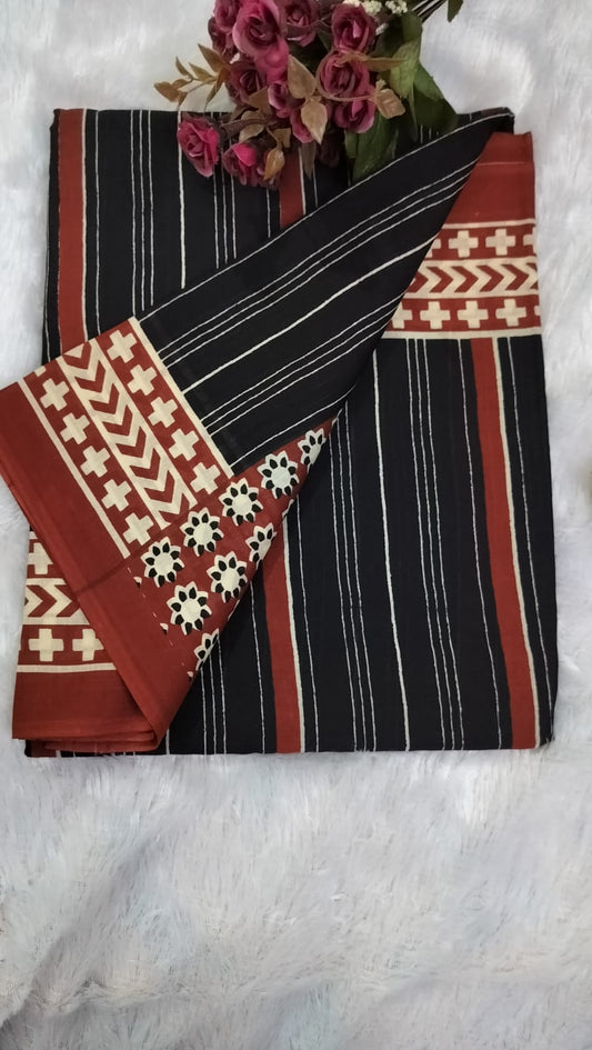 Cotton Mulmul Saree - Black and Red Vertical Stripes Geometrical Border